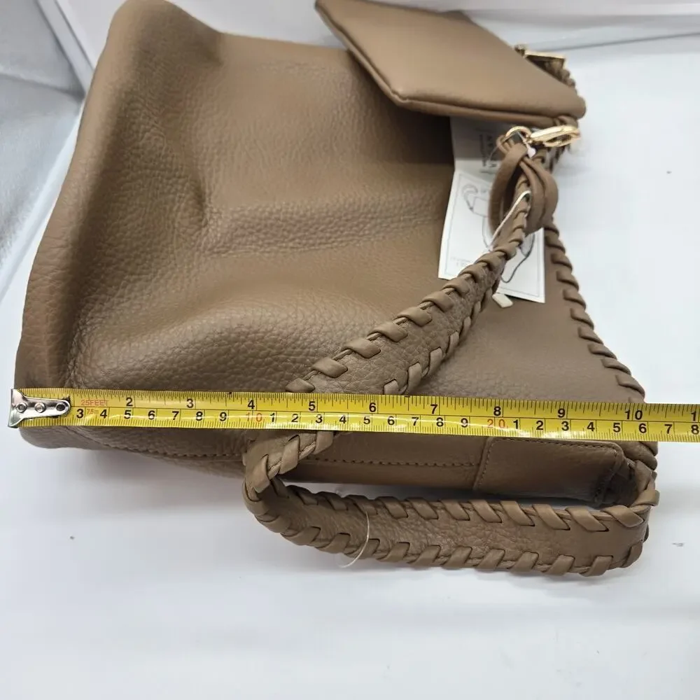 Isabelle Vegan Pebble Leather Brown Hobo Bag Braided Shoulder Strap NWT Wristlet